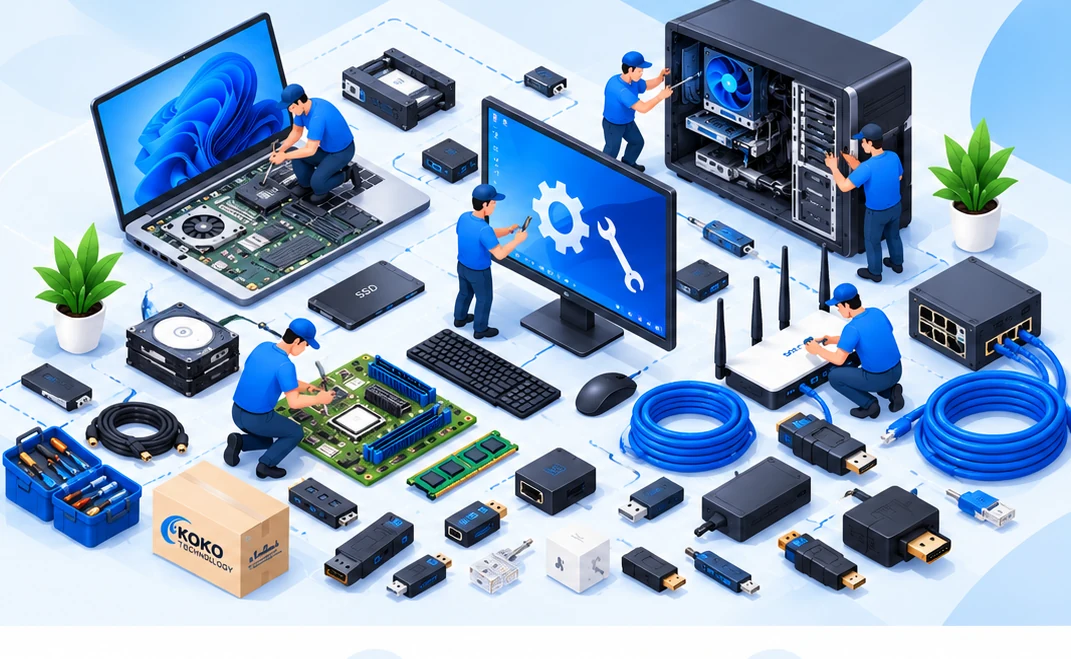 Isometric illustration of computer repairs, laptops, desktop computers, networking equipment, cables and accessories